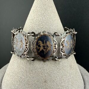 Vintage Siam Bracelet Sterling Silver‎ Niello Panel Filigree Black 6.5in